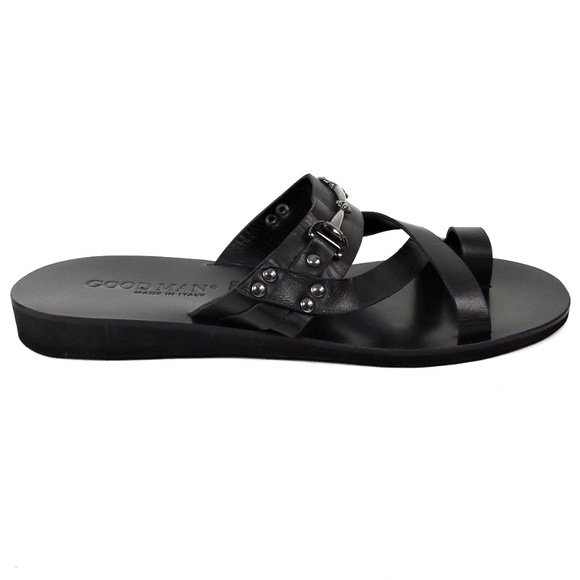 GOODMAN ?? MEN\'S BLACK LEATHER FLAT COMFORT SUMMER SANDALS
